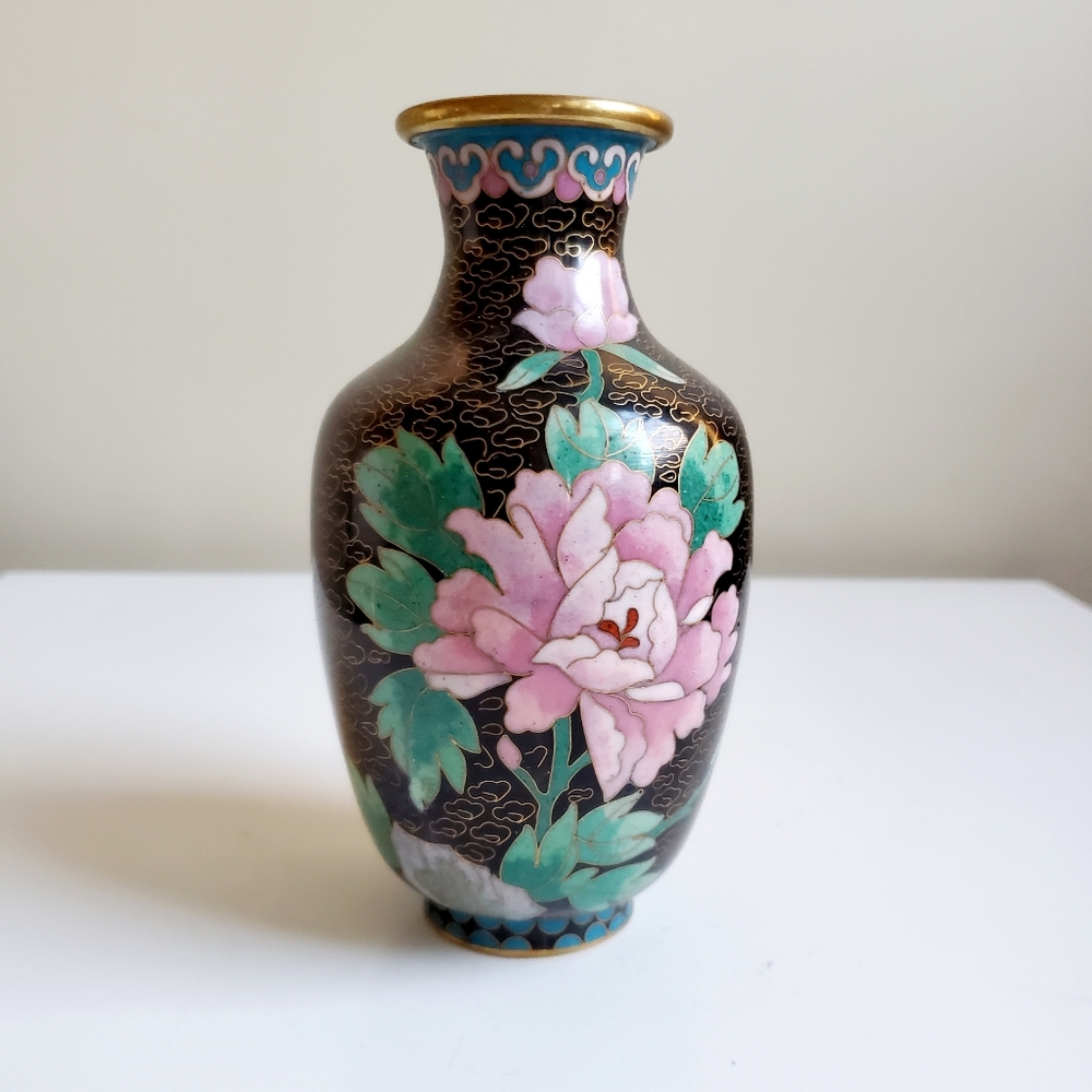 *SOLD* Vintage Chinese Black Cloissoné and Brass Vase